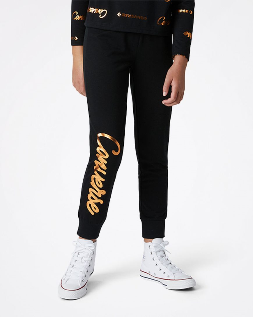 Jogger Nohavice Converse Shiny Wordmark Dievcenske Čierne | SK HILC53